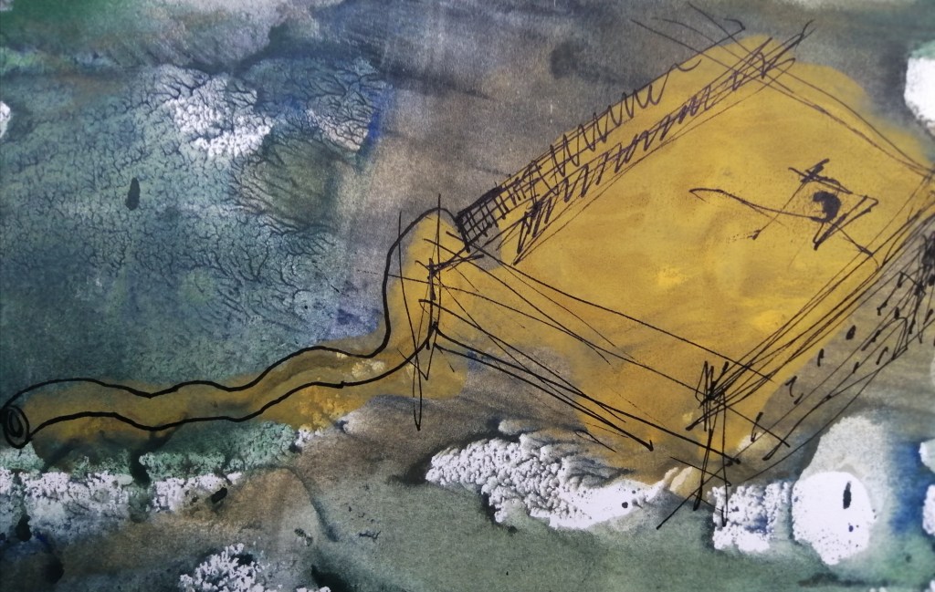 watery ink drawing of box and tube in mud