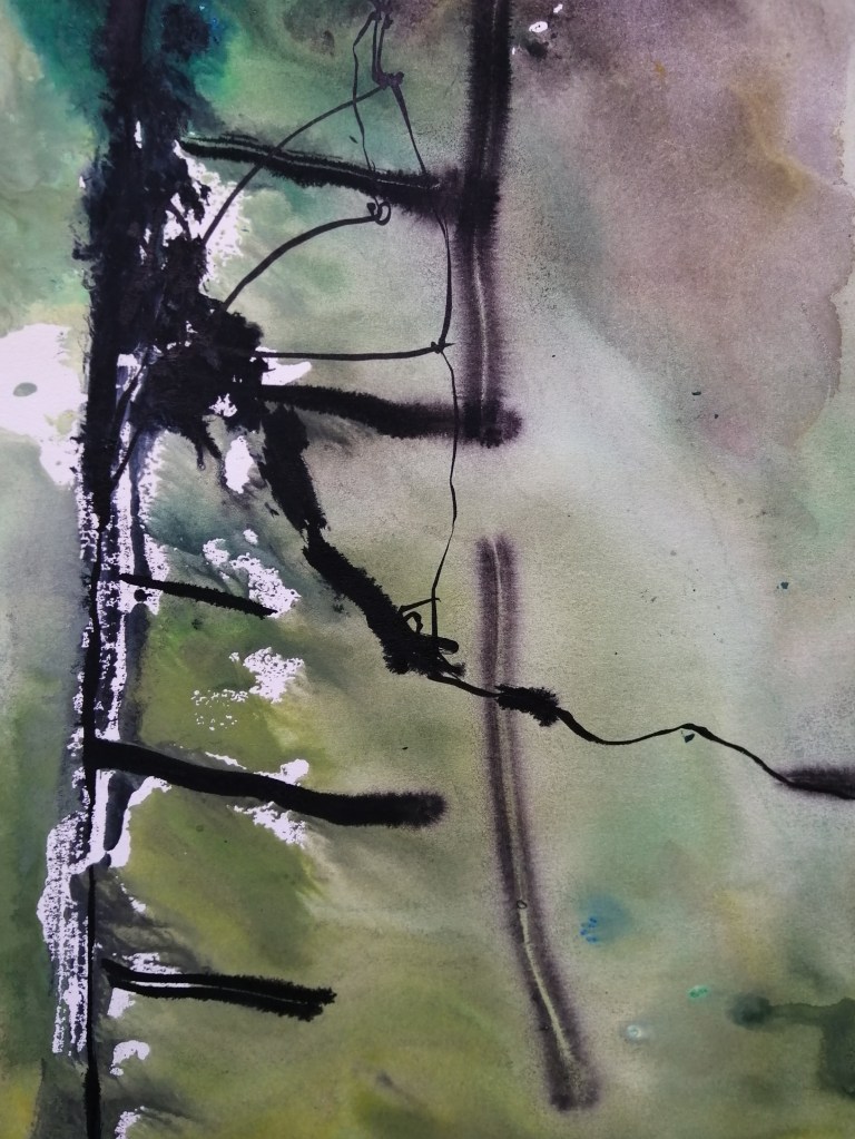 a watery drawing of ladders and rope in ink